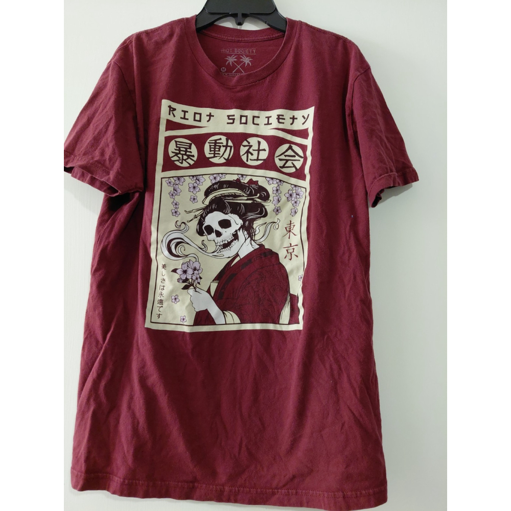 Riot Society T-Shirt Burgundy Skeleton Geisha Flower Garden Reaper Men’s M